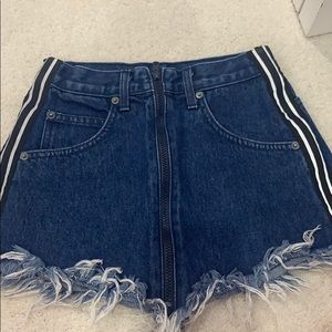 denim zip up skirt with stripes on the side